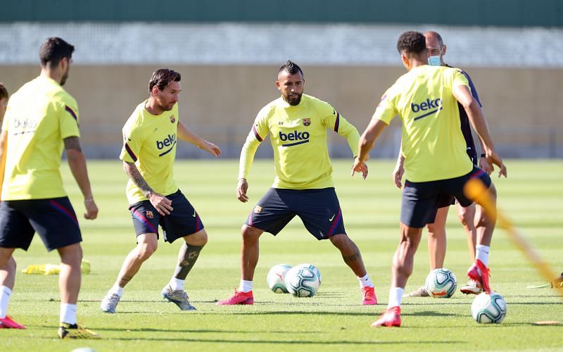 Barcelona players in training today as they step up their preparations for next month's return